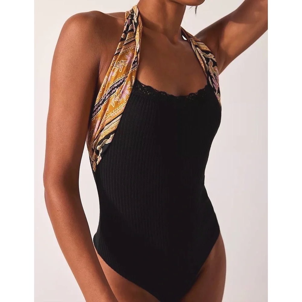 Free People Intimately Bodysuit XS Black Ribbed Eyes For U Halter Floral Lace